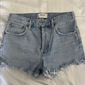 Agolde Light Blue Frayed Hem Jean Shorts